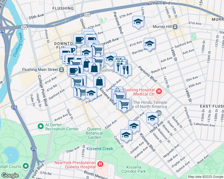 map of restaurants, bars, coffee shops, grocery stores, and more near 140-26 Franklin Avenue in Queens