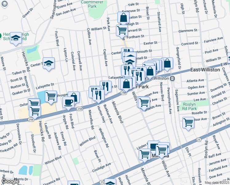 map of restaurants, bars, coffee shops, grocery stores, and more near 40 Prospect Street in Williston Park