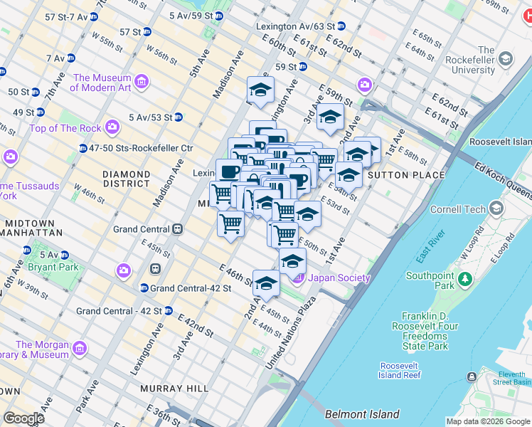map of restaurants, bars, coffee shops, grocery stores, and more near 825 3rd Avenue in New York