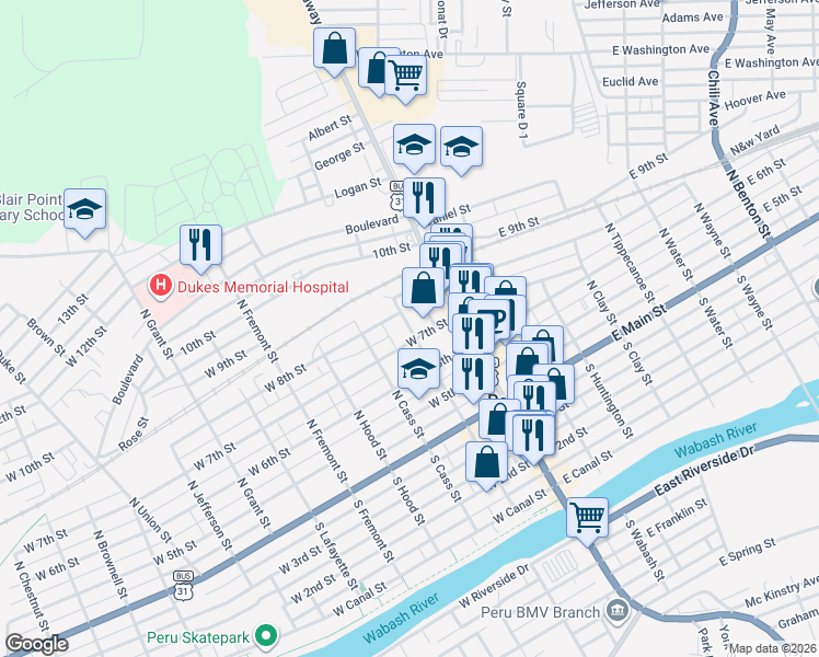 map of restaurants, bars, coffee shops, grocery stores, and more near 201-249 N Miami St in Peru