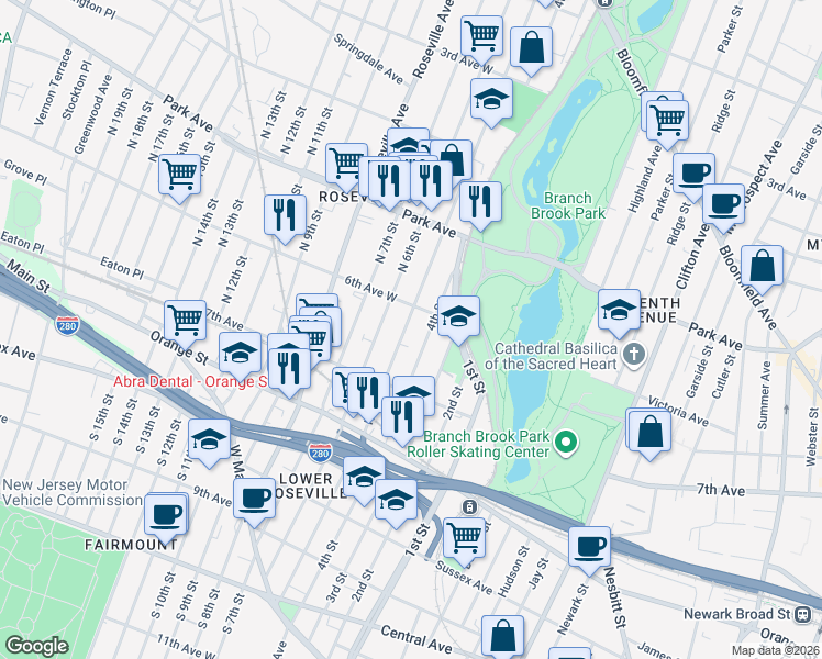 map of restaurants, bars, coffee shops, grocery stores, and more near 229 6th Avenue West in Newark