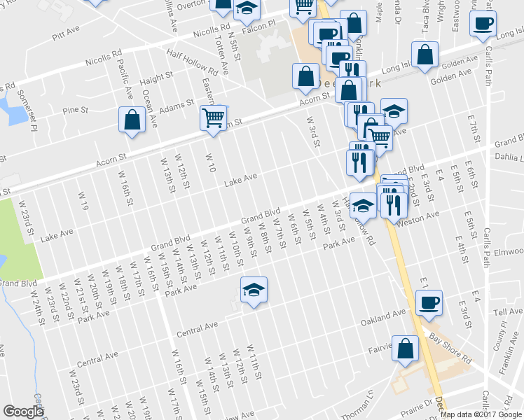 map of restaurants, bars, coffee shops, grocery stores, and more near 371 Grand Boulevard in Deer Park