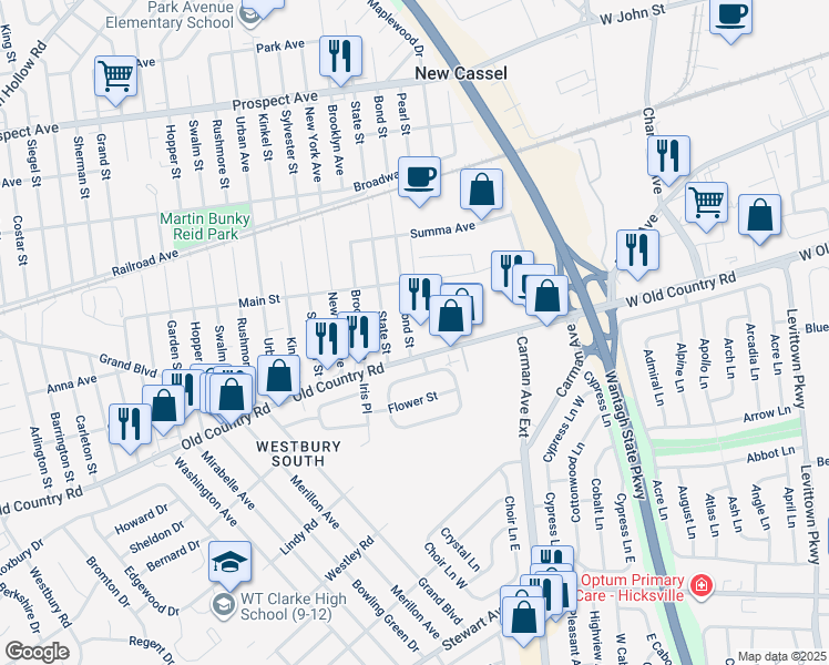 map of restaurants, bars, coffee shops, grocery stores, and more near 50 Bond Street in Westbury