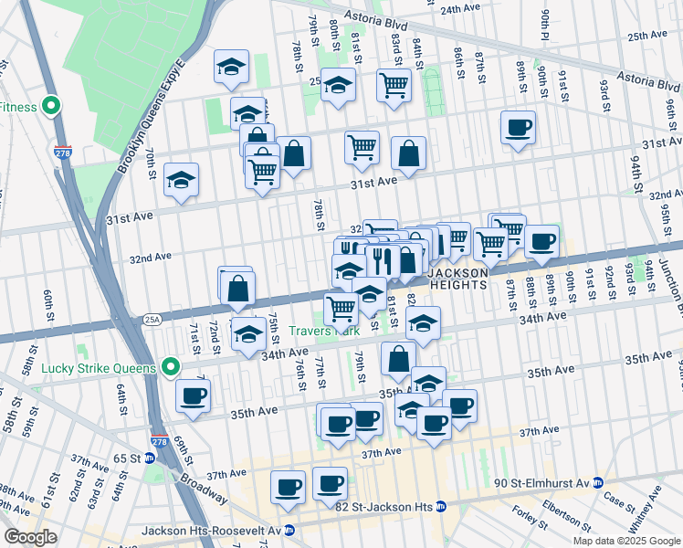 map of restaurants, bars, coffee shops, grocery stores, and more near 32-30 79th Street in Queens