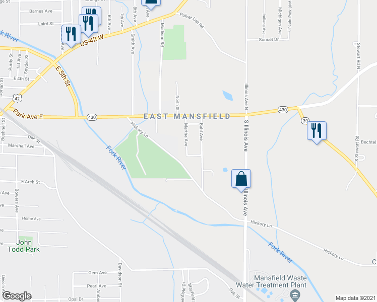 map of restaurants, bars, coffee shops, grocery stores, and more near 79 Martha Avenue in Mansfield