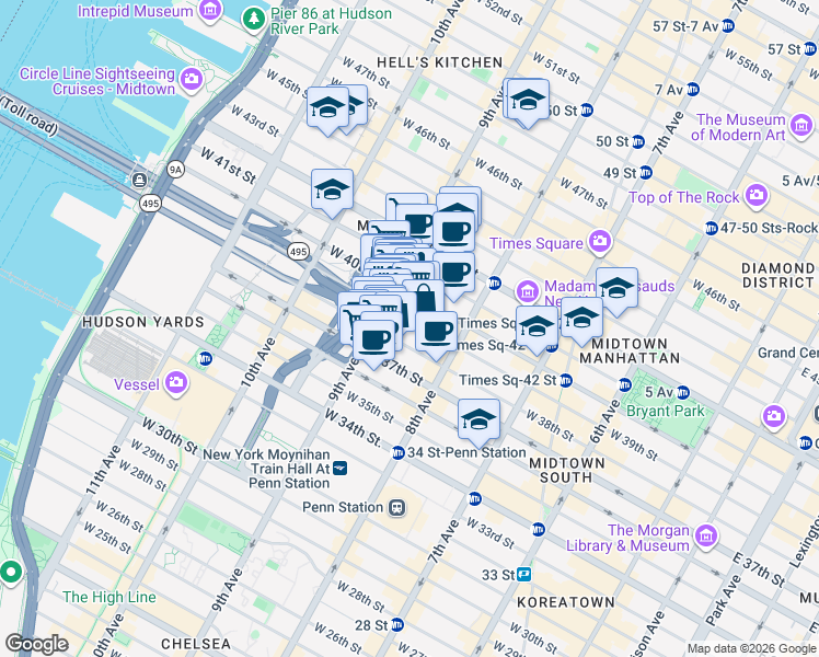 map of restaurants, bars, coffee shops, grocery stores, and more near 330 West 39th Street in New York