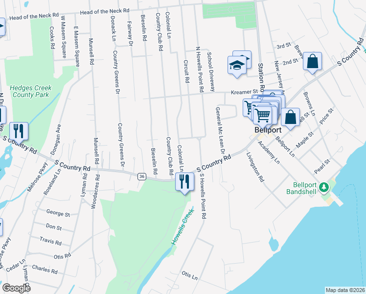 map of restaurants, bars, coffee shops, grocery stores, and more near 7 Bayview Street in Bellport
