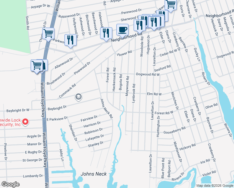 map of restaurants, bars, coffee shops, grocery stores, and more near 22 Hackensack Road in Mastic Beach