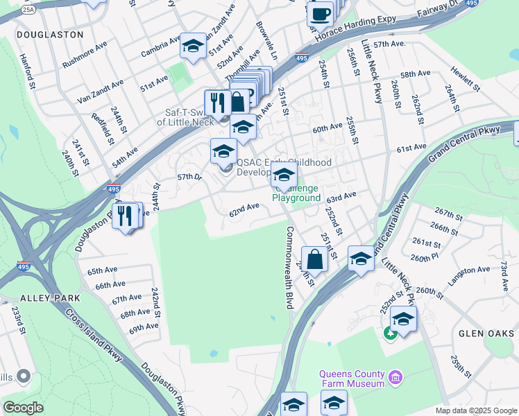 map of restaurants, bars, coffee shops, grocery stores, and more near 245-72 61st Avenue in Queens