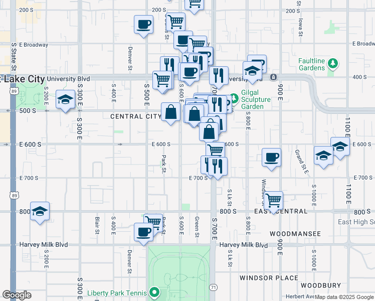 map of restaurants, bars, coffee shops, grocery stores, and more near 600 700 East in Salt Lake City