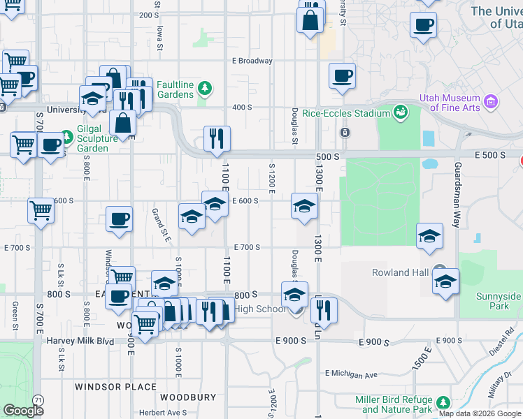map of restaurants, bars, coffee shops, grocery stores, and more near 587 Elizabeth Street in Salt Lake City