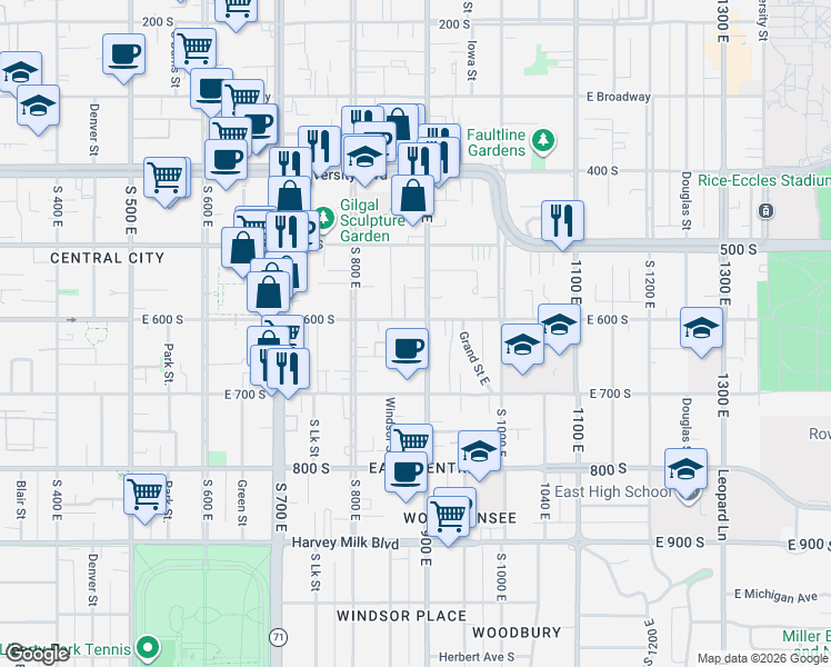 map of restaurants, bars, coffee shops, grocery stores, and more near 870 East 600 South in Salt Lake City