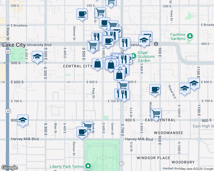 map of restaurants, bars, coffee shops, grocery stores, and more near 600 700 East in Salt Lake City
