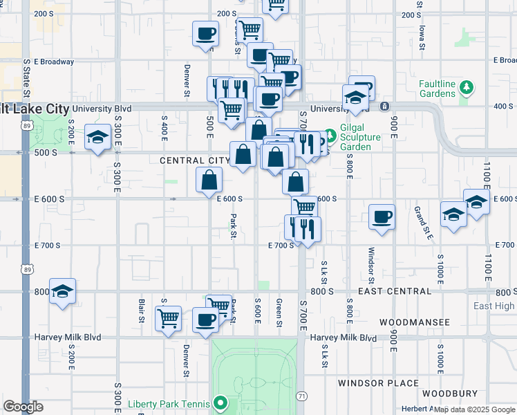 map of restaurants, bars, coffee shops, grocery stores, and more near 567 East 600 South in Salt Lake City