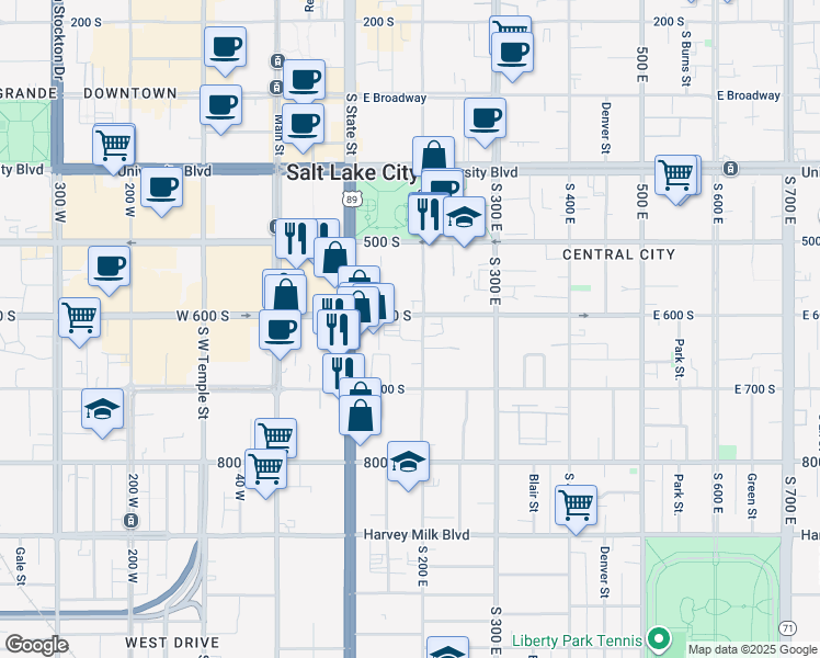 map of restaurants, bars, coffee shops, grocery stores, and more near 161 East 600 South in Salt Lake City