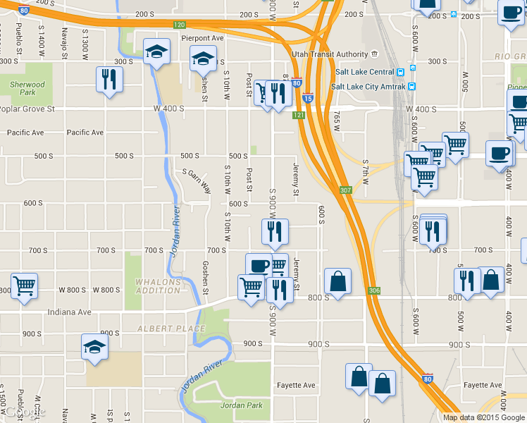map of restaurants, bars, coffee shops, grocery stores, and more near 930 West 600 South in Salt Lake City