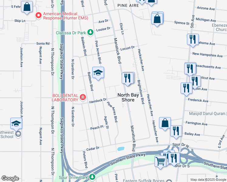 map of restaurants, bars, coffee shops, grocery stores, and more near 5-95 Hemlock Drive in Bay Shore