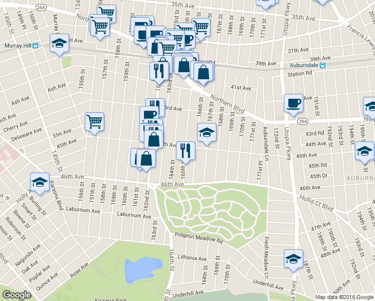 map of restaurants, bars, coffee shops, grocery stores, and more near 43-73 165th Street in Queens