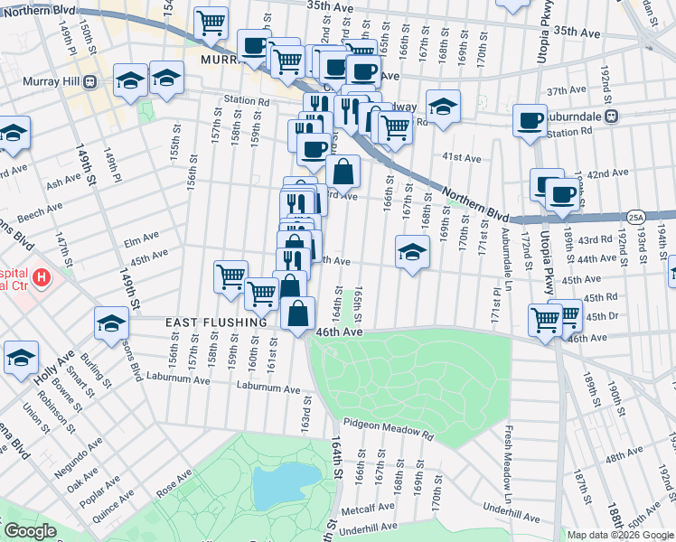 map of restaurants, bars, coffee shops, grocery stores, and more near 45-12 164th Street in Queens