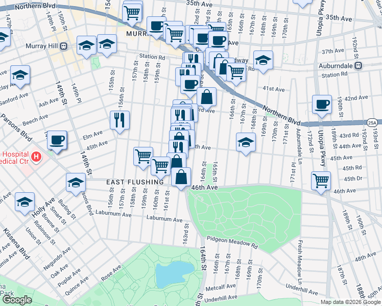 map of restaurants, bars, coffee shops, grocery stores, and more near in Queens