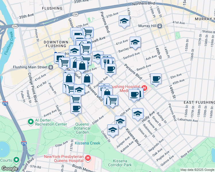 map of restaurants, bars, coffee shops, grocery stores, and more near 4192 Bowne Street in Queens