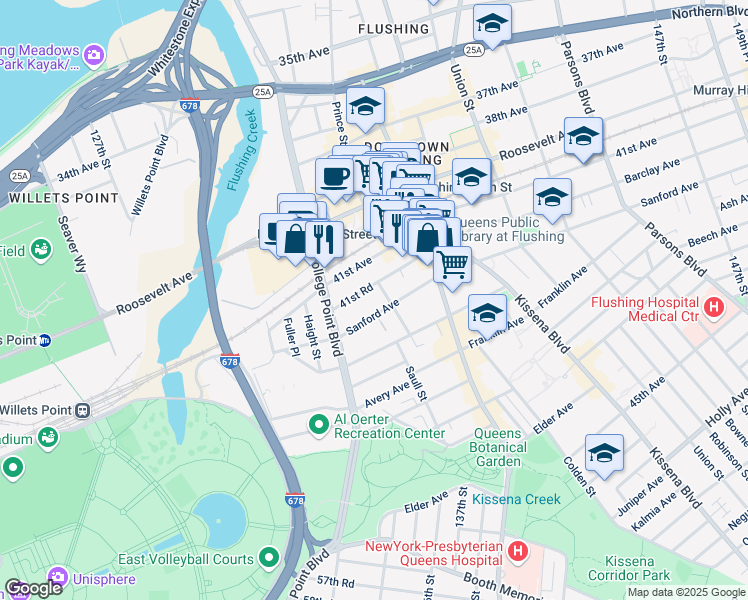map of restaurants, bars, coffee shops, grocery stores, and more near 13261 41st Road in Queens