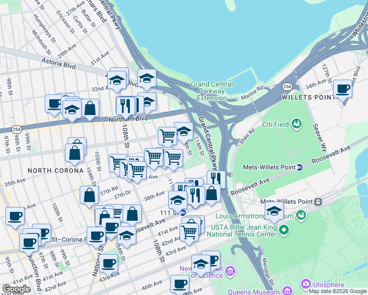 map of restaurants, bars, coffee shops, grocery stores, and more near 34-12 113th Street in Queens