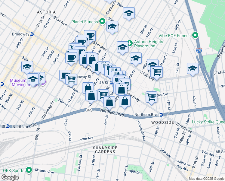 map of restaurants, bars, coffee shops, grocery stores, and more near in Queens