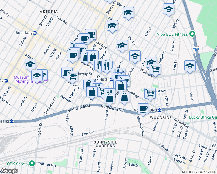 map of restaurants, bars, coffee shops, grocery stores, and more near in Queens