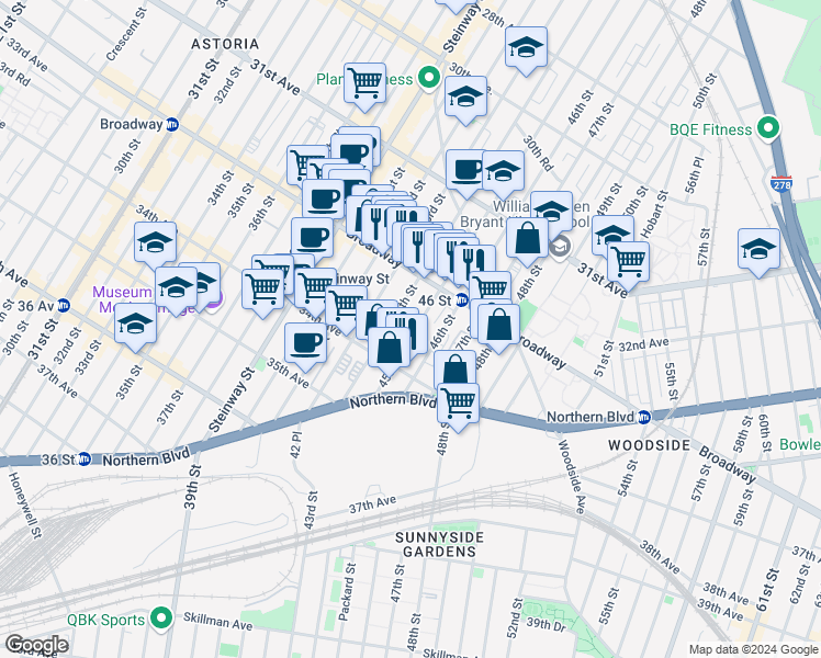 map of restaurants, bars, coffee shops, grocery stores, and more near 45 01 Broadway in Queens