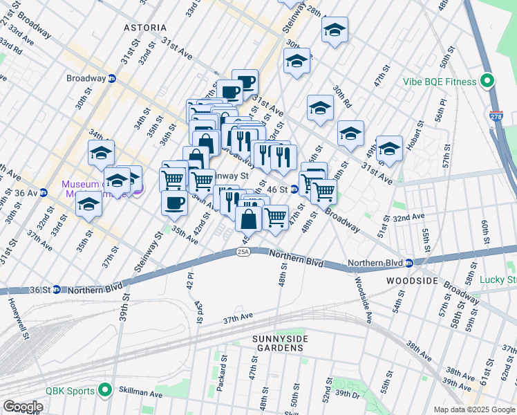 map of restaurants, bars, coffee shops, grocery stores, and more near 32-44 44th Street in Queens