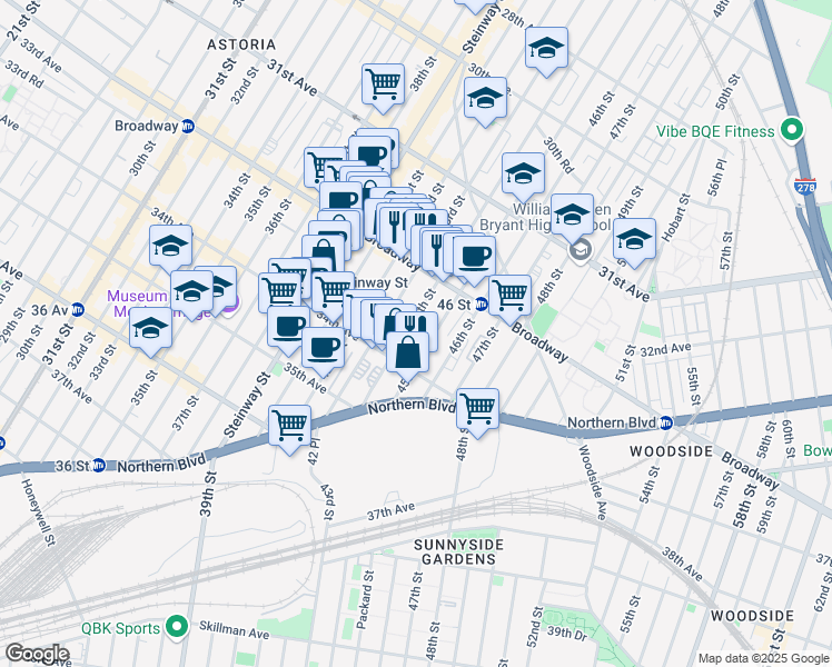 map of restaurants, bars, coffee shops, grocery stores, and more near 32-44 44th Street in Queens