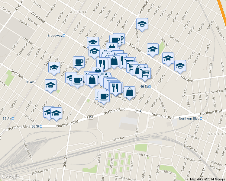 map of restaurants, bars, coffee shops, grocery stores, and more near 32-65 42nd Street in Queens