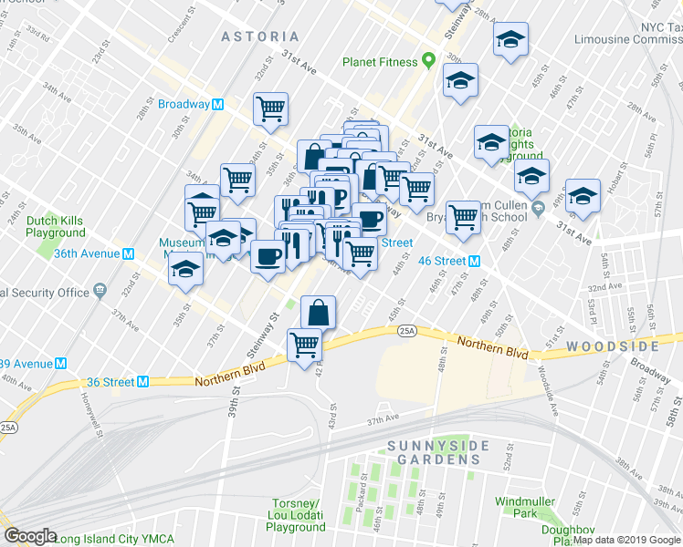 map of restaurants, bars, coffee shops, grocery stores, and more near 4015 34th Avenue in Queens