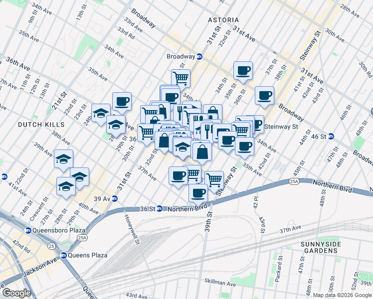 map of restaurants, bars, coffee shops, grocery stores, and more near 35-10 35th Street in Queens