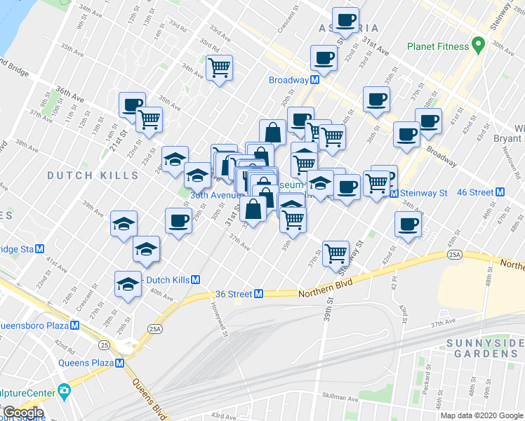 map of restaurants, bars, coffee shops, grocery stores, and more near 35-54 32nd Street in Queens