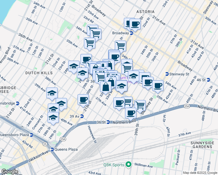 map of restaurants, bars, coffee shops, grocery stores, and more near 35-54 32nd Street in Queens