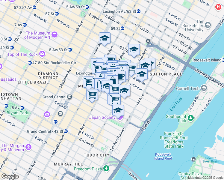 map of restaurants, bars, coffee shops, grocery stores, and more near 206 East 52nd Street in New York