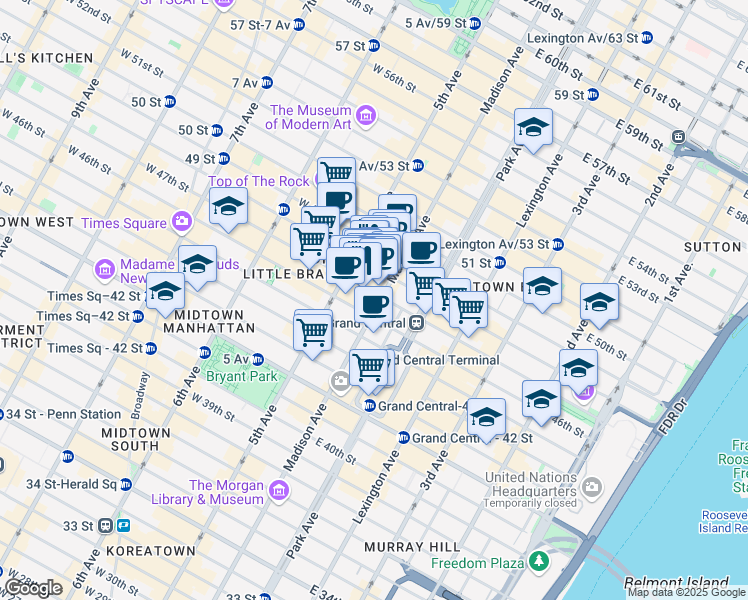 map of restaurants, bars, coffee shops, grocery stores, and more near 589 5th Avenue in New York