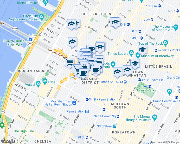 map of restaurants, bars, coffee shops, grocery stores, and more near 510 9th Avenue in New York