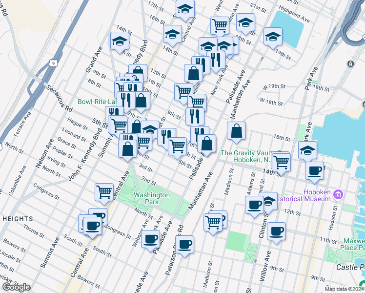 map of restaurants, bars, coffee shops, grocery stores, and more near 703 New York Avenue in Union City