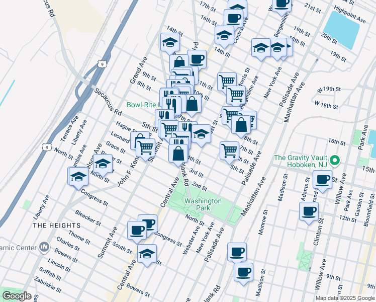 map of restaurants, bars, coffee shops, grocery stores, and more near 503 Central Avenue in Union City