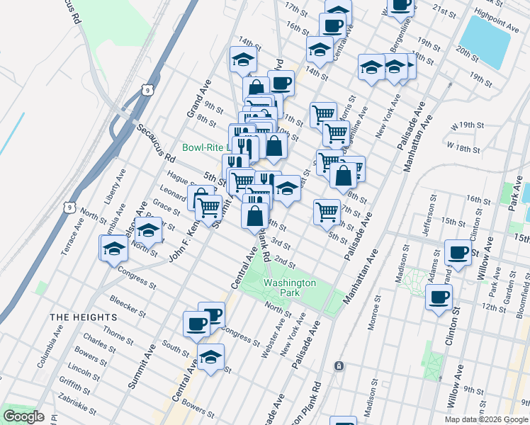 map of restaurants, bars, coffee shops, grocery stores, and more near 503 Central Avenue in Union City
