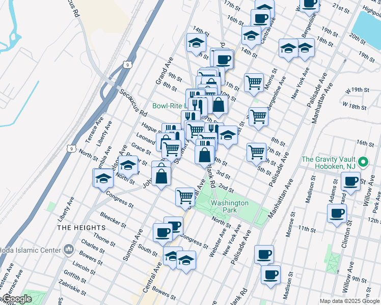 map of restaurants, bars, coffee shops, grocery stores, and more near 1212 Summit Avenue in Jersey City
