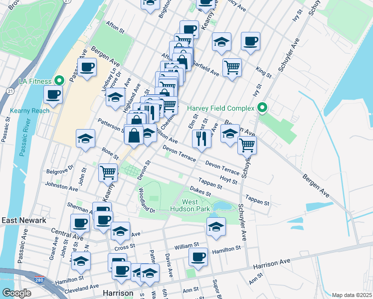 map of restaurants, bars, coffee shops, grocery stores, and more near 149 Wilson Avenue in Kearny