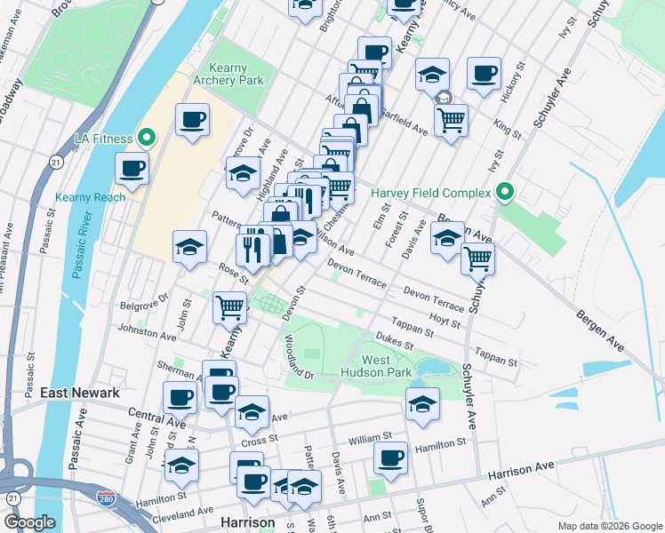 map of restaurants, bars, coffee shops, grocery stores, and more near 139 Devon Street in Kearny