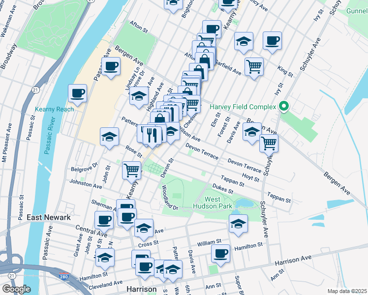 map of restaurants, bars, coffee shops, grocery stores, and more near 139 Devon Street in Kearny