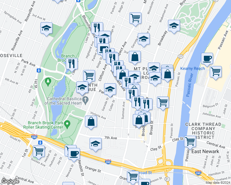 map of restaurants, bars, coffee shops, grocery stores, and more near 151 Garside Street in Newark