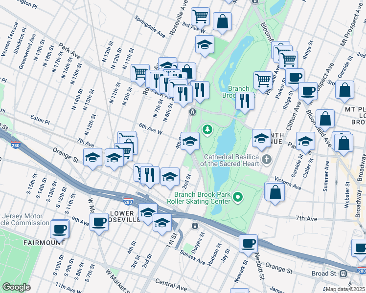 map of restaurants, bars, coffee shops, grocery stores, and more near 316-348 1st Street in Newark