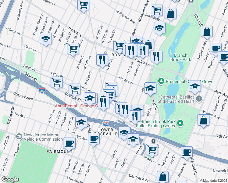 map of restaurants, bars, coffee shops, grocery stores, and more near 169 Roseville Avenue in Newark